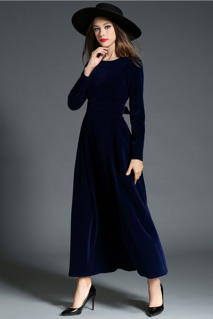 SZ60040-3 Retro Vintage Dark Blue Velvet Dress Women Long Sleeve Collar Dresses